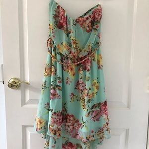 Strapless floral hi-lo dress with belt